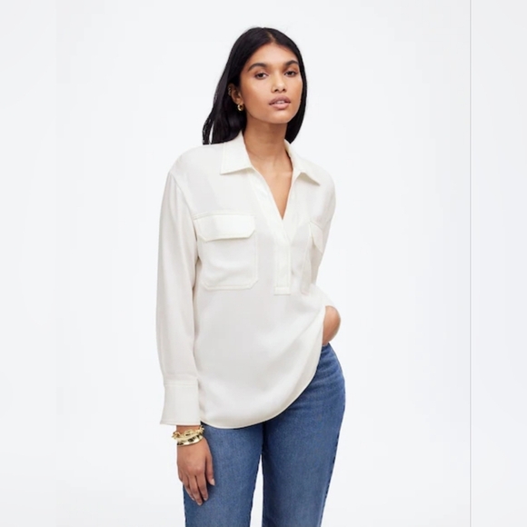 NWT Madewell Contrast Stitch Popover Winter White Shirt Size XL - Picture 1 of 7